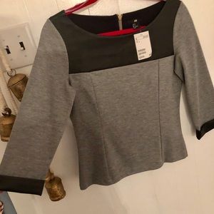 Grey knit and black pleather fitted blouse- sz S